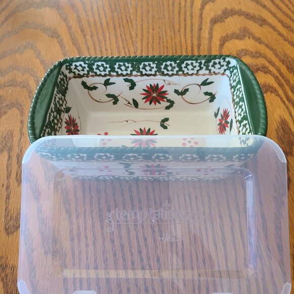 TEMPTATIONS BY TARA OLD WORLD LOAF PAN OVENWARE W/ PLASTIC LID GREEN/RED HOLIDAY - Picture 6 of 8